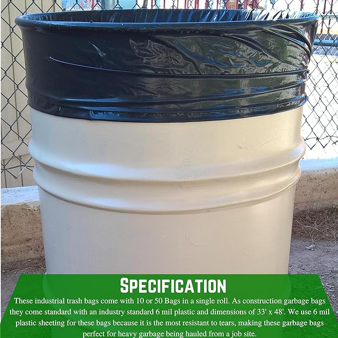 Farm Plastic Supply - 55 Gallon Heavy Duty Garbage Bags 6 Mil - Contractor Black Trash Bags Large 55 Gallon Capacity (10 Pack)