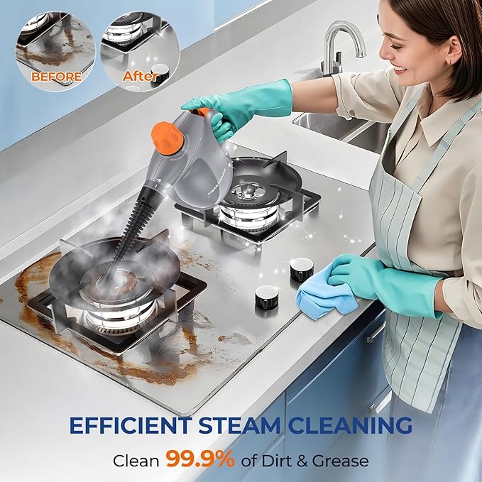 LABIGO Steam Cleaner Pressurized Handheld 13pcs Multi-Purpose Natural Deep Cleaning Steamer Portable Steamer for Cleaning Home Grout Kitchen Car Window Upholstery Bathroom and Clothes Gray