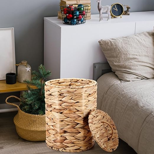 Ctosree 3.8 Gallons Large Wicker Trash Can with Lid Handle Woven Wicker Rattan Bathroom Waste Basket Boho Trash Basket with 100 Plastic Garbage Bags for Bedroom Office Laundry (Classic Style Nautral)