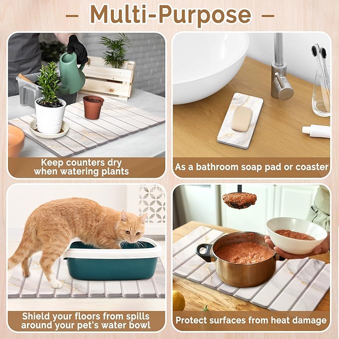 Large Stone Dish Drying Mat for Kitchen CounterQuick Dry Stone Dishes MatsMarbled Water Absorbing Diatomaceous Earth Drying Pad for Countertop Bottles Utensils Cups(Yellow White 24x16&amp8x4)
