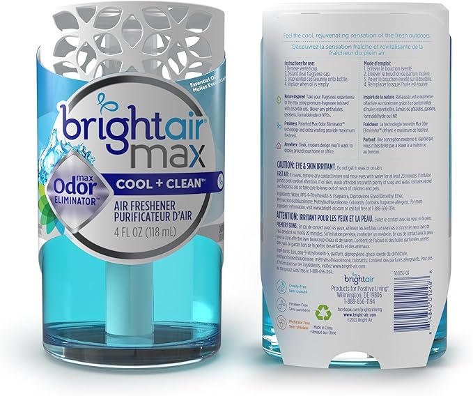 Bright Air Max 4 oz. Odor Eliminator Air Freshener for Medium-Size Spaces Cool &amp Clean Scent Case of 6 Lasts up to 60 Days Each