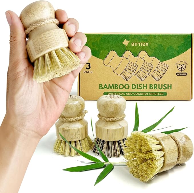 Bamboo Dish Brush Set of 3 - Natural Wooden Dish Scrubber w/Medium Stiff Sisal &amp Coconut Bristles - Kitchen Scrub Brush for Dishes Pots &amp Pans - Plastic Free Non Scratch Bristles