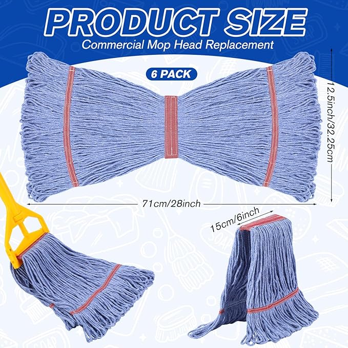 Eccliy 6 Pack Heavy Loop End Cotton String Mop Head Heavy Duty Mop Head Commercial Refills Replacement Bulk for Home Industrial Commercial Floor Cleaning (BlueRed)