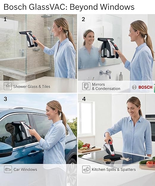 Cordless Electric Window Vacuum Squeegee – 2-in-1 Handheld Glass &amp Surface Cleaner – Streak-Free Suction for Showers Mirrors Tiles and Countertops – USB Rechargeable with Dual Head Attachments