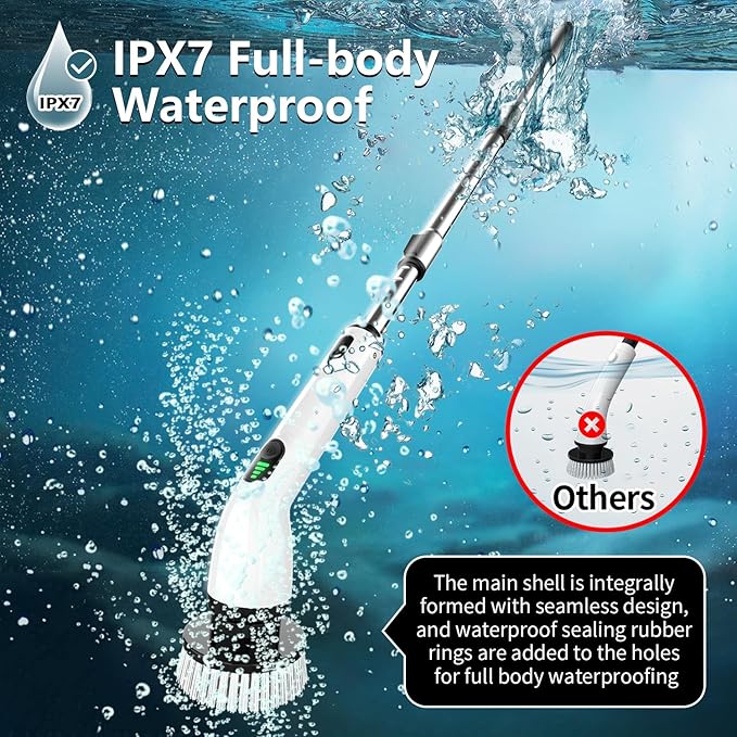 TUYU Electric Spin Scrubber Full-Body IPX7 Waterproof Bathroom Scrubber4 Replacement Head for Adjustable Extension Handle Electric Cleaning Brush for Bathroom Tub Tile