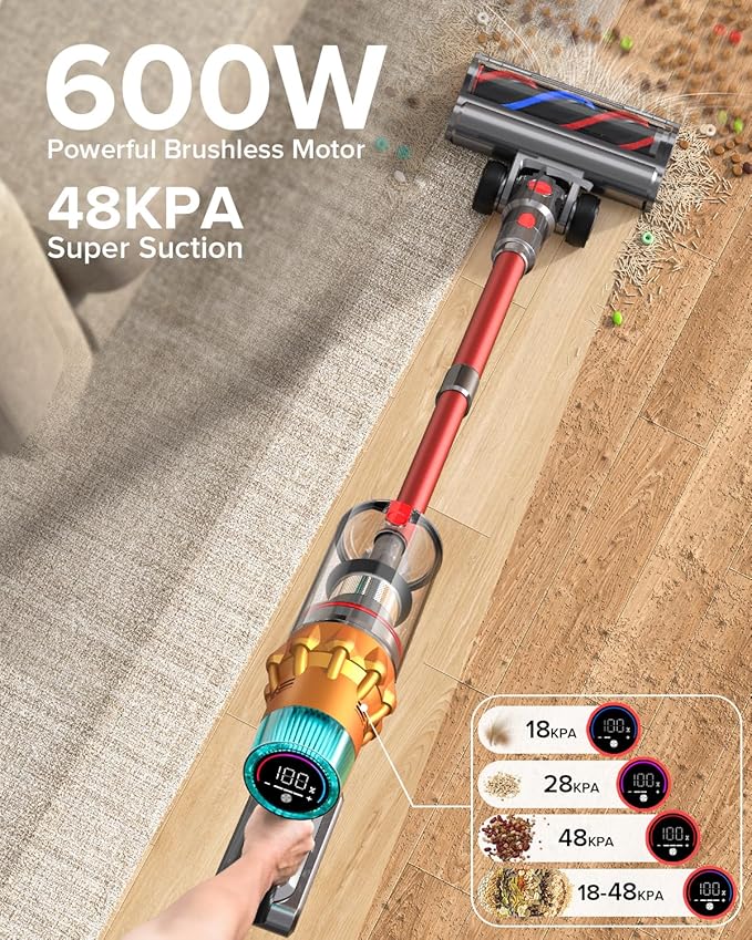 Belife S8 Cordless Vacuum Cleaner 600W 48Kpa Stick Vacuum with 65Mins Runtime Self-Standing 1.6L Large Dust Cup Anti-Tangle Smart Wireless Handheld Vacuums for Carpet Hardwood Floor &amp Pet Hai