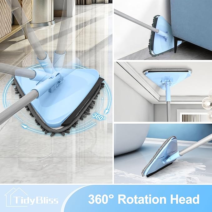Wall Cleaner Mop with 80” Long Handle 360° Swivel Ceiling Duster Scrubber with Collapsible Head Baseboard Cleaning Tool with 4 Chenille and 2 Microfiber Pads for Windows Floor (Blue)