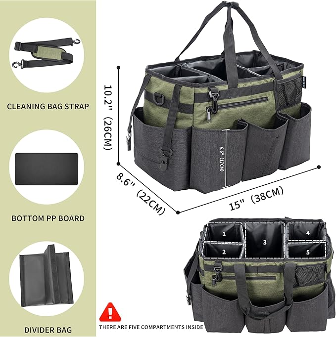 Wearable Cleaning Caddy Bag for Cleaning SuppliesLarge Capacity Cleaning Organizer Green