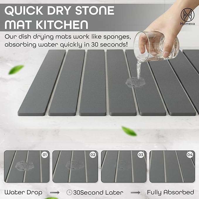 Large Stone Dish Drying Mat 24 x 16 – Quick Dry Diatomaceous Bath &amp Kitchen Mat with Non-Slip Base – Modern Absorbent Drying Pad for Plates Glassware &amp Bottles (Solid Dark Grey)
