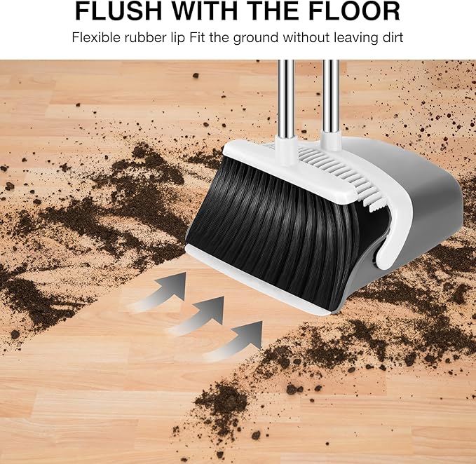 NACENA Broom and Dustpan Set 52-in Long Adjustable Handle Broom Dustpan Combo with Dustpan Teeth to Automatically Clean Hair Suitable for Home Kitchen Office Hall Floor (Grey&ampWhite) 2 Pack