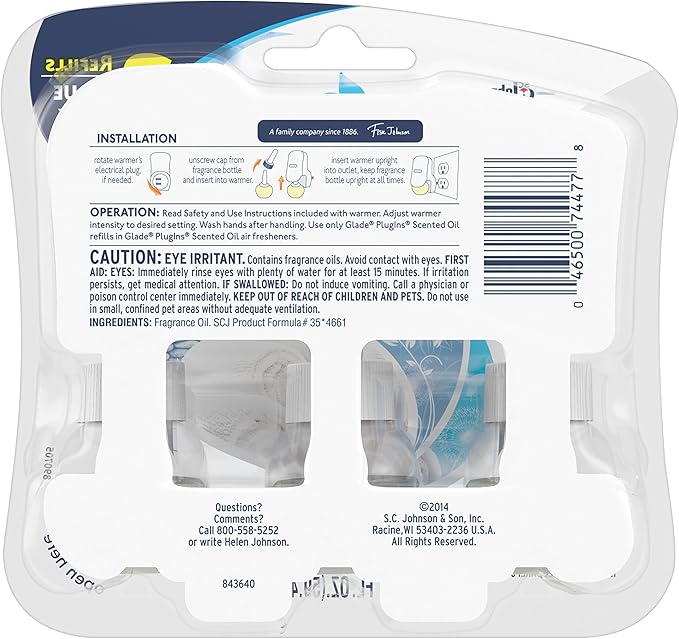 Glade PlugIns Refills Air Freshener Starter Kit Scented and Essential Oils for Home and Bathroom Clean Linen 4.02 Fl Oz 2 Warmers + 6 Refills