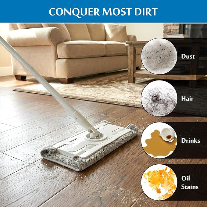 Flat Mop Microfiber Mop with 55’’ Long Handle Mops for Floor Cleaning with Flexible 12 ‘’ Flat Head Household Wet &amp Dry Mops for Wall Floor