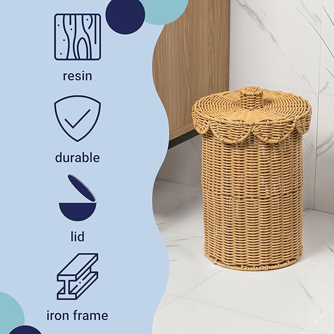 happimess HPM1408A Fern Modern Bohemian Resin 2.9-Gallon Cylinder Wicker Watebasket with Scalloped Lid Natural