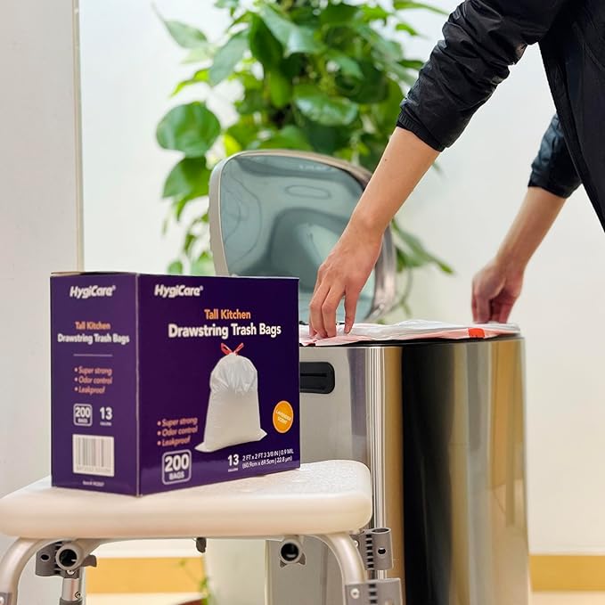 13 Gallon Tall Kitchen Trash Bags Lavender Scented 200 Count Drawstring Garbage Bags Pre-Separated Odor Control Ultra Strong Leakproof Sturdy White