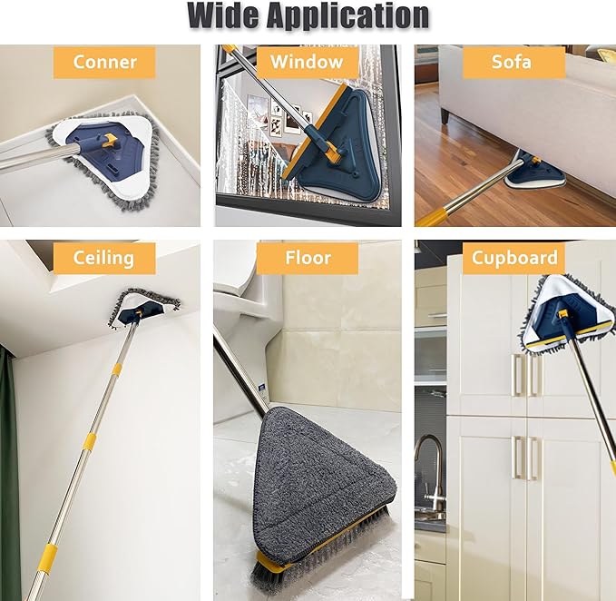 Wall Cleaner Mop with Long Handle 5-in-1 Wall Cleaning Dust Mop with 6 Replacement Chenille Microfiber Pads Squeegee Scrubber Duster Cleaning Tools for Wall Window Floor Ceiling