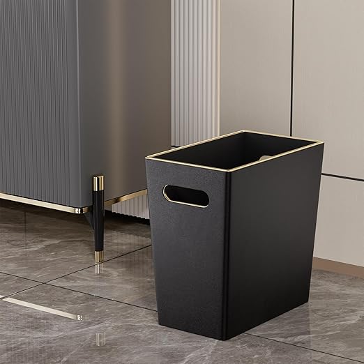 Black 3 Gallon Waste Basket 4 Gallon Trash Can Office Wastebasket with Gold-Tone Edging Decoration for BathroomPu Leather Waste Bins for Toilet Bedroom Living Room Office Home Modern Decor