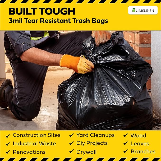 Lime Linen 96 Gallon Heavy Duty Contractor Garbage Bags | Industrial Construction &amp Yard Waste | 36 Pack Extra Thick 3 Mil Twist Ties Included for Secure Closure