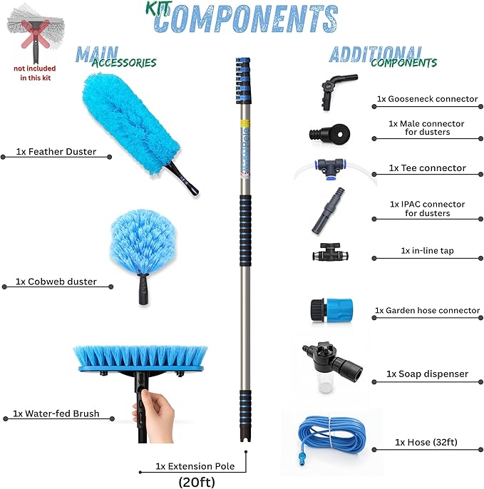 IGADPole 20 FT Water-Fed Cleaning Kit – Extendable Telescopic Pole with Soap-Dispenser Brush &amp Cobweb Duster Adjustable 5-20 FT Handle for Safe High Window Gutter Solar Panel &amp Exterior Cl