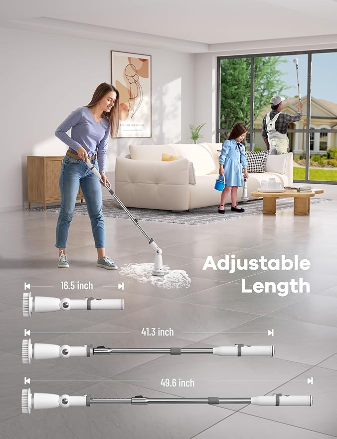 Electric Spin ScrubberFloor Power Scrubber with Long Handle Dual SpeedsCleaning Brush CordlessShower Scrubber Scrub Brush with 3 Adjustable Angles8 Brush Heads for Bathroom Tile