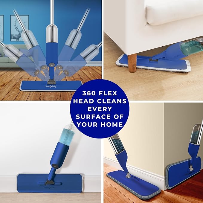 True &amp Tidy® Multi-Surface Spray Mop with Refillable Water Bottle Use Any Cleaning Solution Easy to Fill and Refill with Machine Washable Mop Pad (Navy)