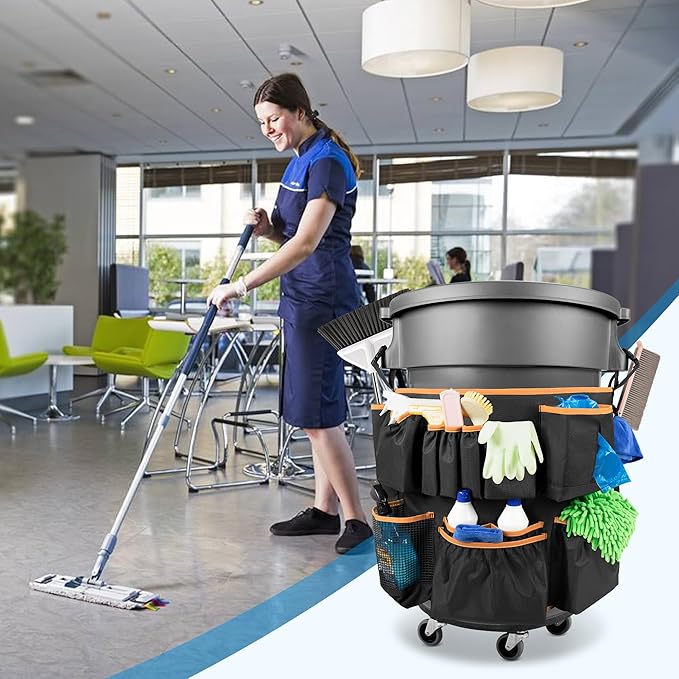 Trash Can Caddy Bag Fit 32-55 Gallon Garbage Bin Cleaning Caddy Bag with Adjustable Buckle for Industrial Trash Can 13 Pockets Cleaning Tool Organizer for Cleaning Supplies Orange Edge