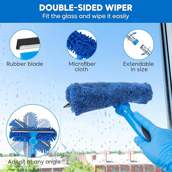 Window Squeegee 2-in-1 Window Cleaner with Removable Extension Poles 177'' Window Washing Kit Glass Door Cleaner Multi-Use Car Windshield Cleaning Tool with 1 Blade 3 Scrubber for High Outdoor Window