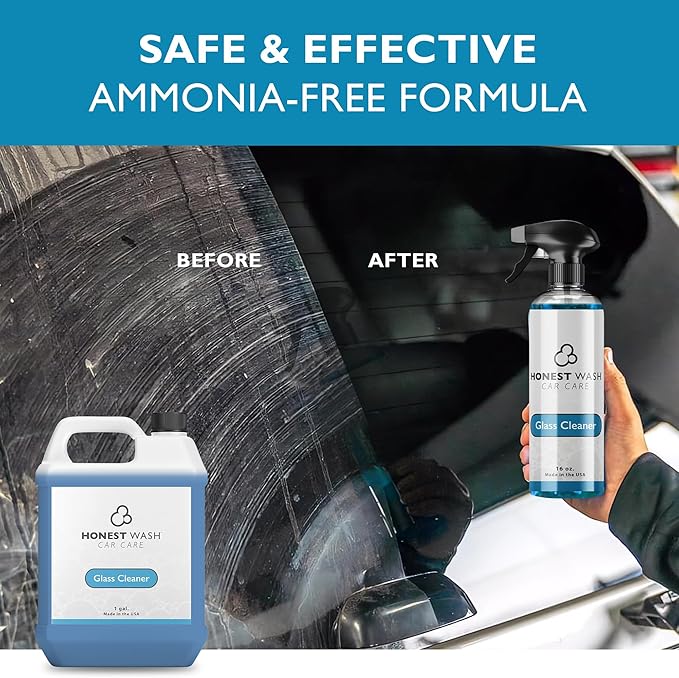 Honest Wash Car Glass Cleaner – Ammonia-Free Streak-Free Formula for Glass Mirrors Windshields &amp Hard Surfaces | Safe for Plastic Stainless Steel Porcelain and More | Made in the USA (128 Fl
