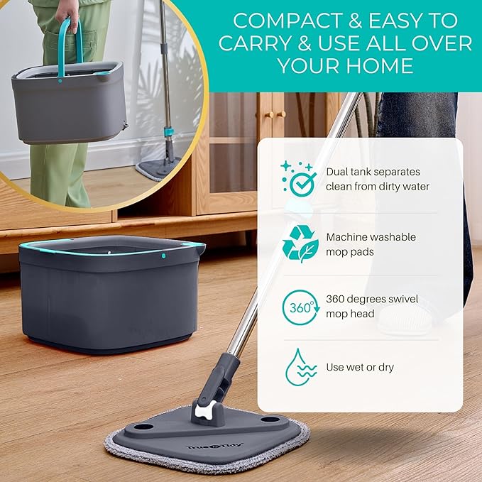 True &amp Tidy True Clean Spin Mop &amp Bucket System – Dual Compartment Design for Clean &amp Dirty Water 360° Swivel Mop Head Built-in Scrubbing Brush Stainless Steel Handle &amp 2 Reusable M