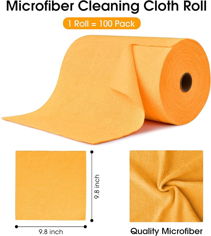 KitchLife Microfiber Cleaning Cloth Roll 100 Pack - Tear-Away Microfiber Paper Towels Lint-Free Reusable Washable for Kitchen Car Dishes and Sensitive Surfaces (Tangerine Yellow)