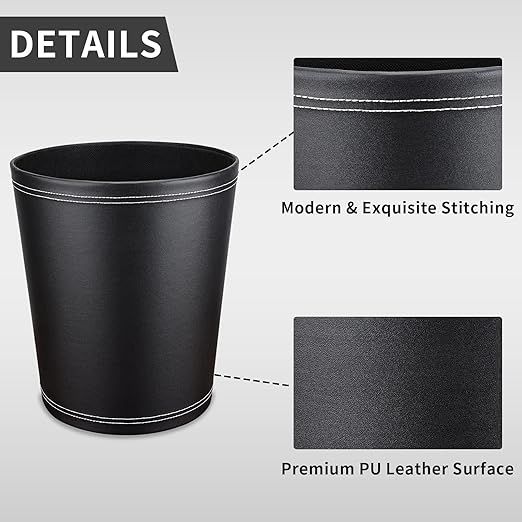 GORESE Pu Leather Trash Can 2.6 Gallon Black Bathroom Trash Can Small Office Garbage Can Wastebasket for Bedroom Kitchen Round Trash Bin Decorative Under-Sink/Desk/Home Easy to Clean