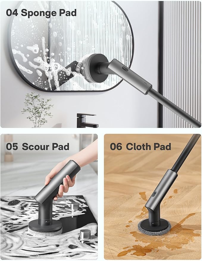HOTO Cordless Electric Spin Scrubber IPX7 Full Body Waterproof Bathroom Cleaning Brush Max 22 in-lb Shower Scrubber Brush with Long Handle 6 Brush Heads Power Scrubber for Bathroom Floor Tile