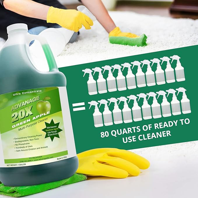 All Purpose Cleaner Concentrate - Advanage 20X The Wonder Cleaner Green Apple for All Surfaces Around Bathroom Kitchen Oil and Grease Multi Purpose Cleaner for Household Cleaning Solution 128 FlOz