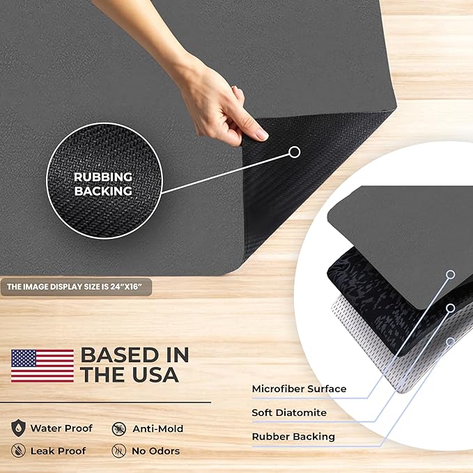 Dish Drying Mat Super Absorbent – 17 x 31 Coffee Mat for Countertops – Non-Slip Drying Mat for Kitchen Counter – Easy to Clean Water Absorbent Mat – XLarge Dish Drying Mats (Dark Gray)