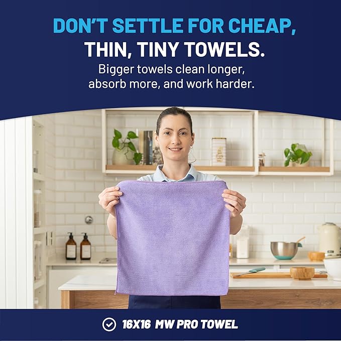 MW Pro Microfiber Cleaning Cloth | Purple | 12 Pack | 16” x 16” | All Purpose Microfiber Towels - Clean Dust Polish Scrub Absorbent