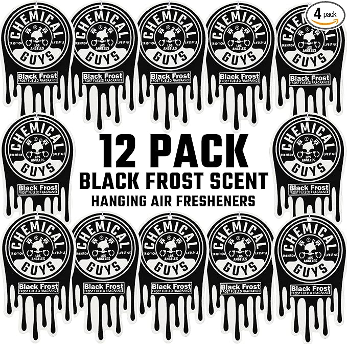 Chemical Guys Car Fresheners Hanging Air Freshener Black Frost Scent 12 Pack Great for Cars Trucks SUVs RVs Home Garage Workspace Dorm Room &amp More (4 x 3 Packs)