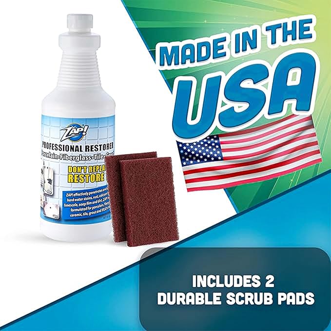 ZAP! Professional Tile &amp Grout Restorer | Cleans &amp Restores Porcelain Fiberglass Tile &amp Grout Surfaces | Rust &amp Hard Water Remover | Kitchens &amp Bathroom Porcelain Sinks Toilets