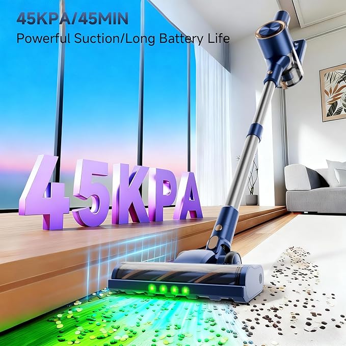 Cordless Stick Vacuum Cleaner - 45KPA Powerful Suction Vacuum with 45 Min Runtime Detachable Battery Anti-Tangle &amp 1.5L Dust Cup 8 in 1 Vacuum Cleaner for Pet Hair Carpet HardFloor Blue