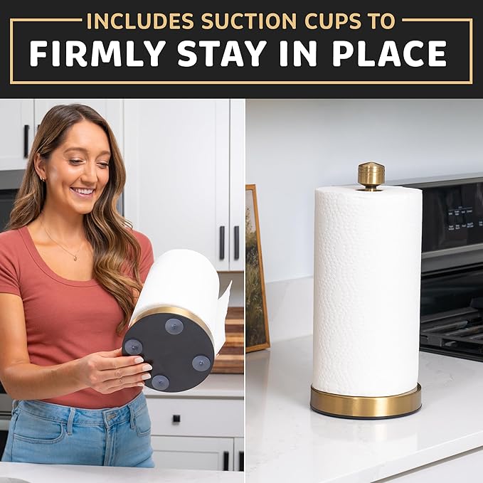 Heavy-Duty Stainless Steel Paper Towel Holder - Easy One-Handed Tear with Suction Cups - Modern Weighted Standing Countertop Dispenser for Kitchen - Holds All Paper Towel Rolls Gold
