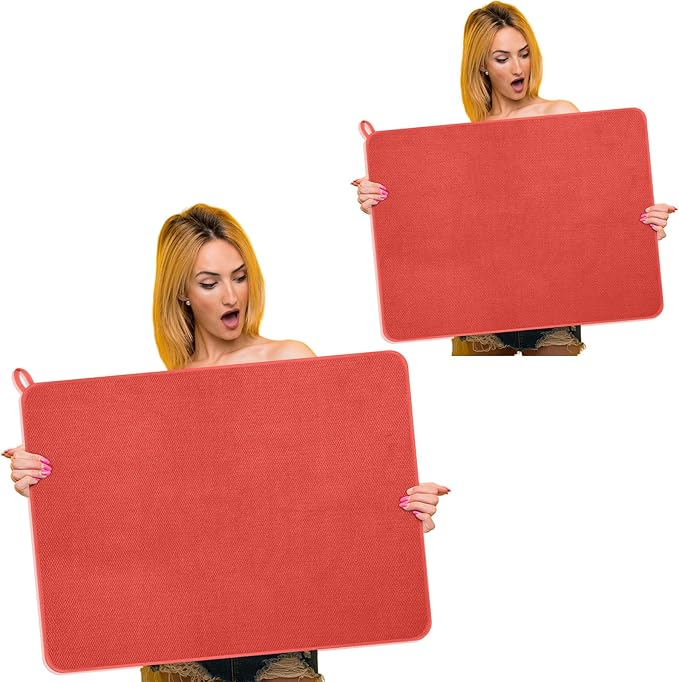 Hushee 2 Pack Extra Large Dish Drying Mat Microfiber Absorbent Dish Drying Pad Large Size Dishes Drainer Mats for Countertop Sink Refrigerator or Dryer (30 x 24 InchRed)