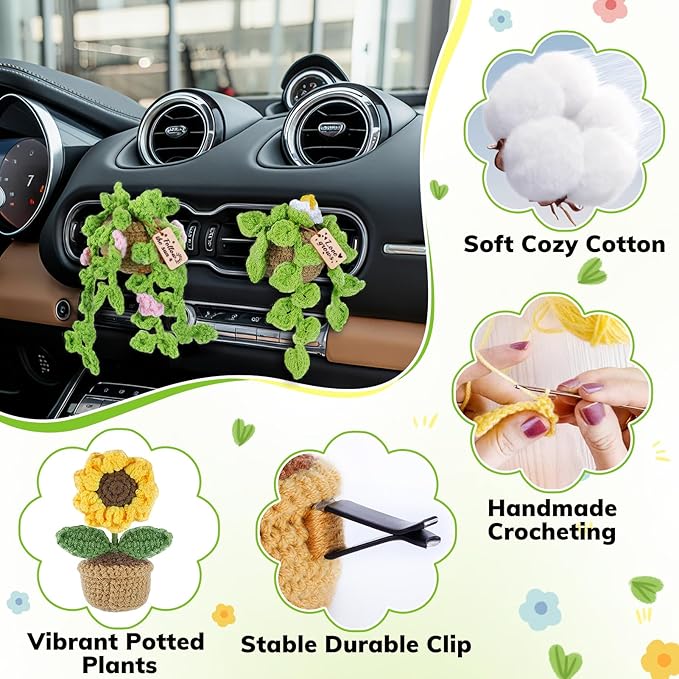 4 Pcs Crochet Plant Vent Clips for CarHandmade Mini Plant Car Air Fresheners with Inspirational CardsSucculent Sunflower Potted Plants Car Vent Clips Xmas Crochet Gift for Plants Lover with Gift Box