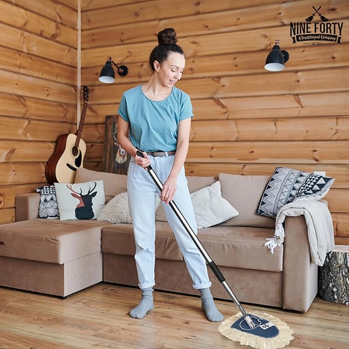 Nine Forty Heavy Duty Industrial-Strength Cotton Wedge Dust Mop Head w/ Handle - Home &amp Commercial Hardwood Floor Cleaning - Designed for High-Performance Janitorial &amp Housekeeping Tasks