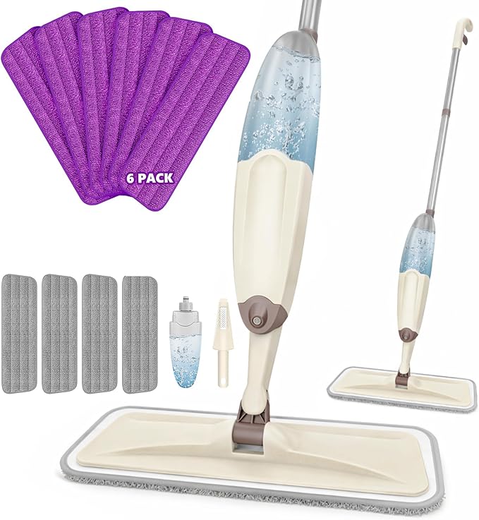 HOMTOYOU Wet Spray Mops with 10 Reusable Pads: Wet Mop for Hardwood Tile Wood Laminate Vinyl - Absorbs Pet Hair Dust