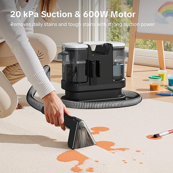Couch Cleaner Machine 600W Motor - 20Kpa Suction Upholstery Cleaner Machine Portable Handheld Carpet Cleaner with Self-Cleaning and Long Hose for Pet Stains Couch Car Seats and Area Rugs