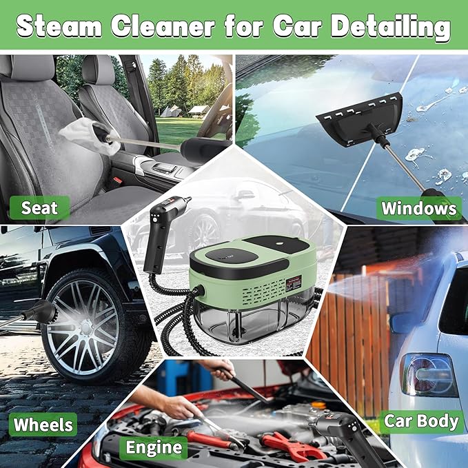 Handheld Steam Cleaner for Home 2500W High Temperature Pressurized Machine 1.6L Water Tank Handle-Controlled Steam Output Portable Cleaning Steamer for Car Bed Bugs Furniture Grout (Green)