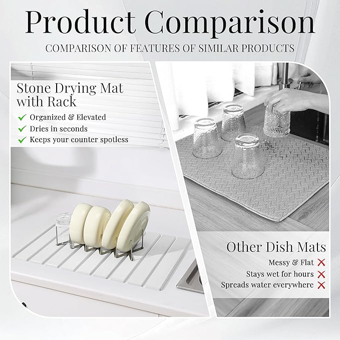 Diatomaceous Stone Dish Drying Mat with Collapsible Steel Rack - Quick Dry Kitchen Counter Set Space Saving Foldable Dryer