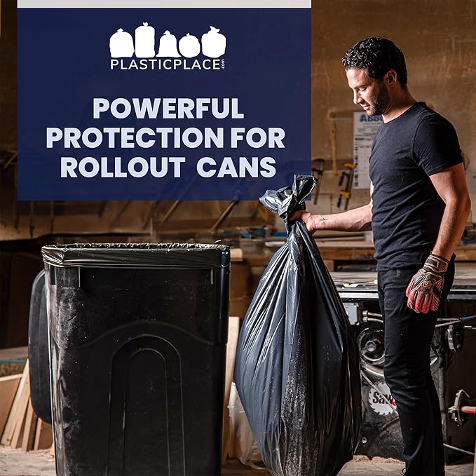 Plasticplace 64-65 Gallon Black Trash Bags Heavy Duty Toter Can Liners Tear &amp Leak-Proof Industrial Strength 25 Count Large Garbage Bags for Kitchen &amp Commercial Use 1.2 Mil 50 x 60