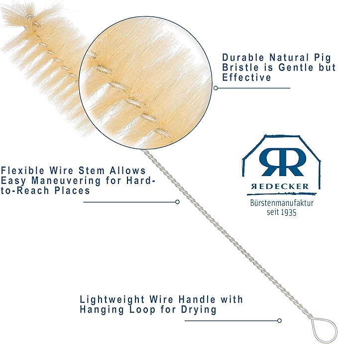 Redecker Pig Bristle Baby Bottle Brush with Flexible Wire Handle Set of 2 16-Inches Made in Germany