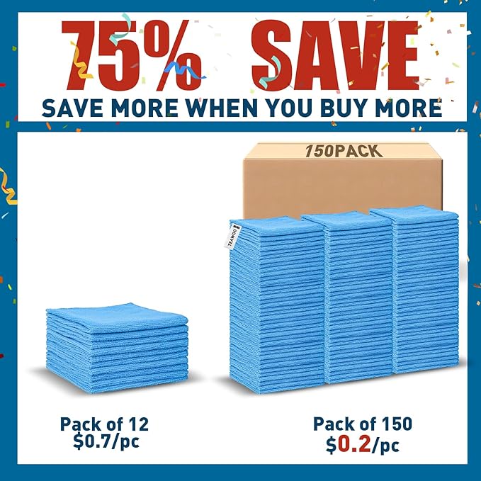 Microfiber Towels Bulk-150 Pack Cleaning Cloths Microfiber Towels for Cars Cleaning Rags Blue (12x12 inches)