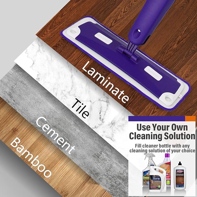 Mops for Floor Cleaning Wet and Dry Spray Mop with Refillable Spray Bottle and 3 Washable Microfiber Pads Home or Commercial Use Flat Mop for Hardwood Laminate Wood Ceramic Purple