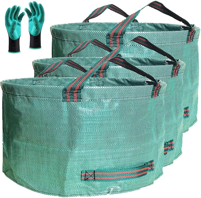 Standard 3-Pack 46 Gallon Lawn Garden Bags (D26H19 inch) Yard Waste Bags W/Gardening Gloves for Leaf BagYard DebrisGarden Trash ContainerCamping Waste BinLawn Grass ClippingsWeeds Bag 4 Handles